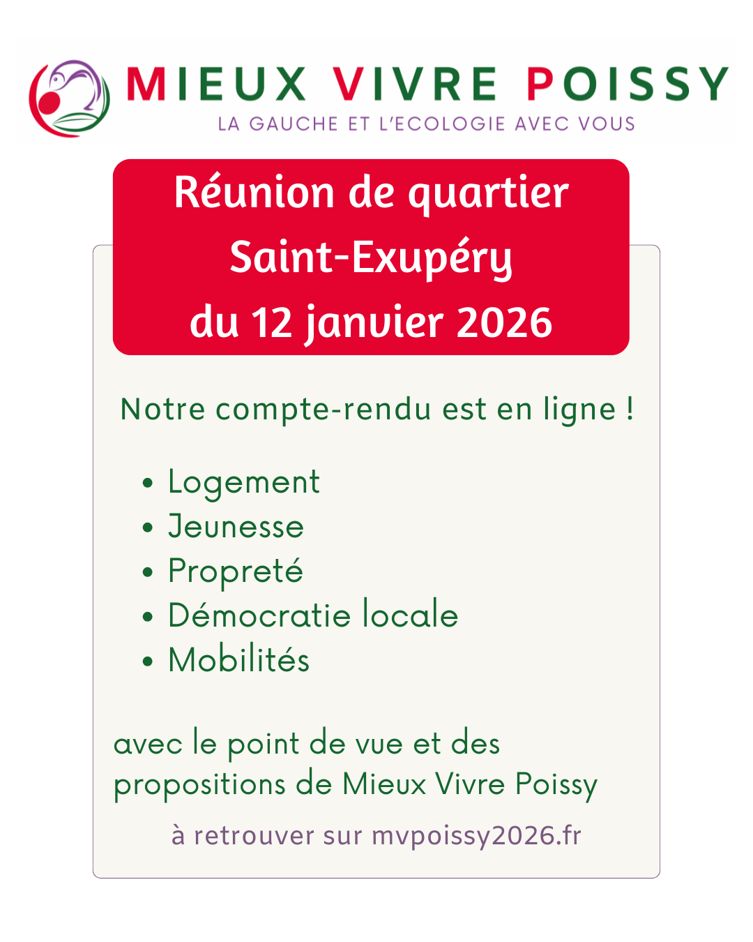 Réunion de quartier Saint-Exupéry du 12 janvier